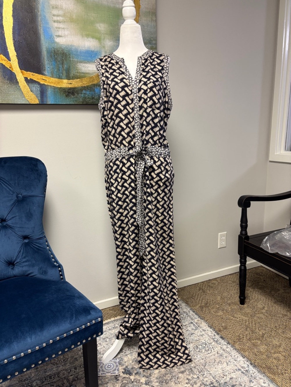 Greylin Black & Cream Sleeveless Geo-Print Jumpsuit with Tie Waist